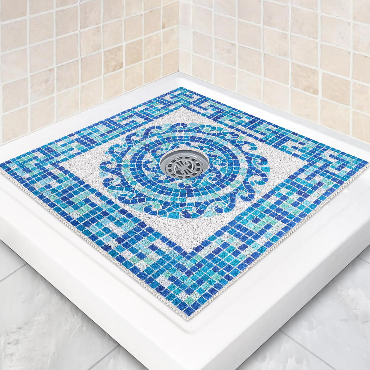 Square Shower Mat Non Slip: 24 x 24 Inch Shower Mats with Drain Hole in Middle - PVC Loofah Anti Slip Shower Floor Matt for Inside Shower