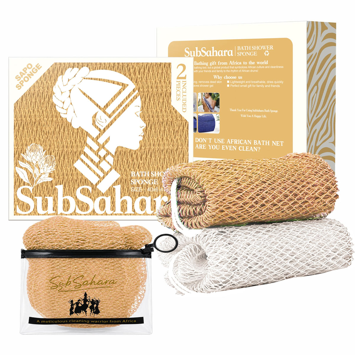 SubSahara African Net Sponge, 2 Pack 45-Inch Exfoliating Bath Scrubber