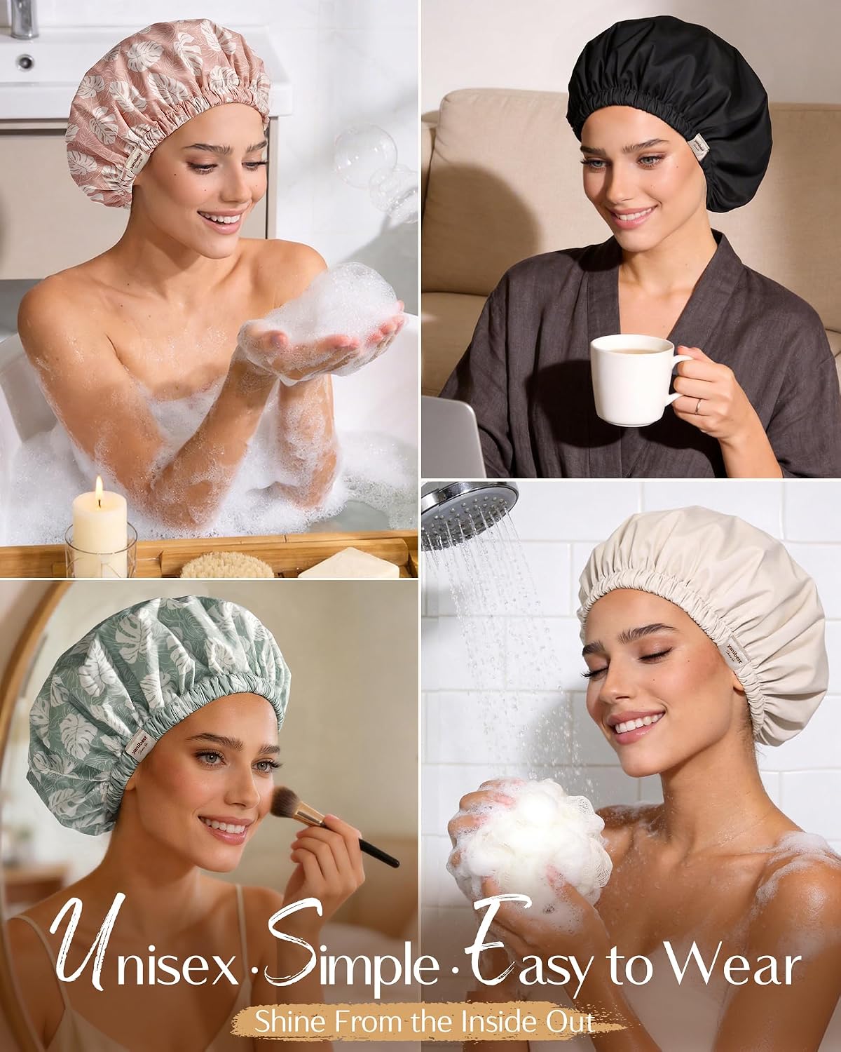 Yanibest Satin Lined Shower Cap, Shower Caps for Women Reusable Waterproof