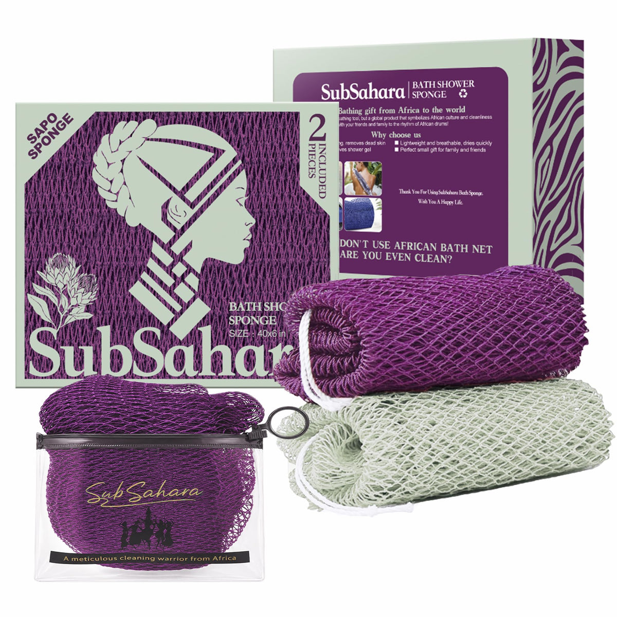 SubSahara African Net Sponge, 2 Pack 45-Inch Exfoliating Bath Scrubber