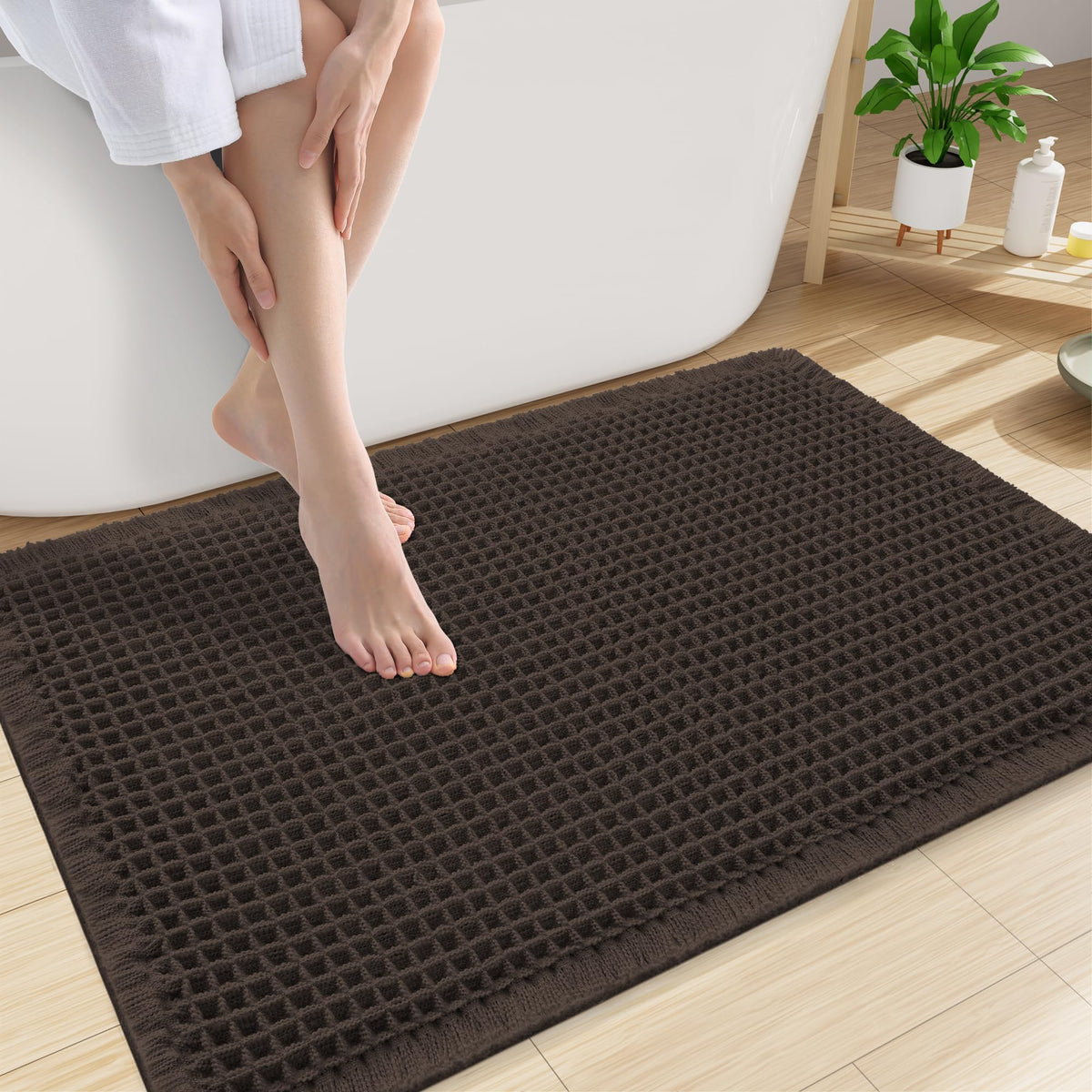 Smiry Waffle Bath Mat 24X16, Soft Absorbent Bathroom Rugs, Brown & Cream