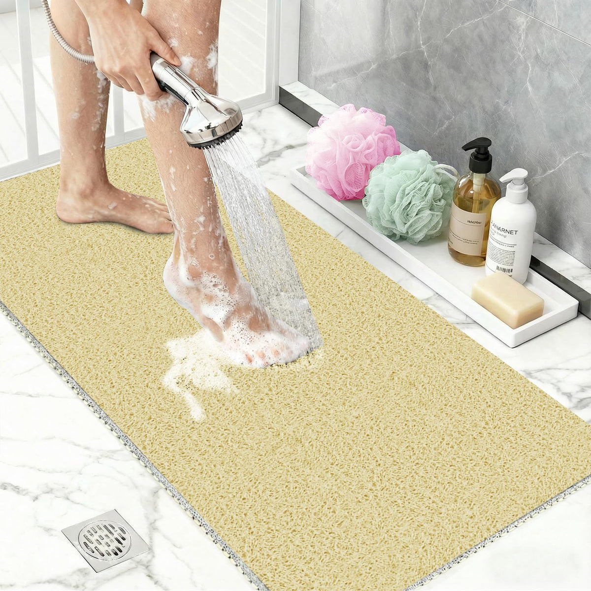 BLESWIN Loofah Mats for Shower 24"x16", PVC Bath Mat for Inside Shower, Bath Mat for Tub Non Slip, Checkered Shower Quick Dry Mats with Drain Hole, Colorful Checkered