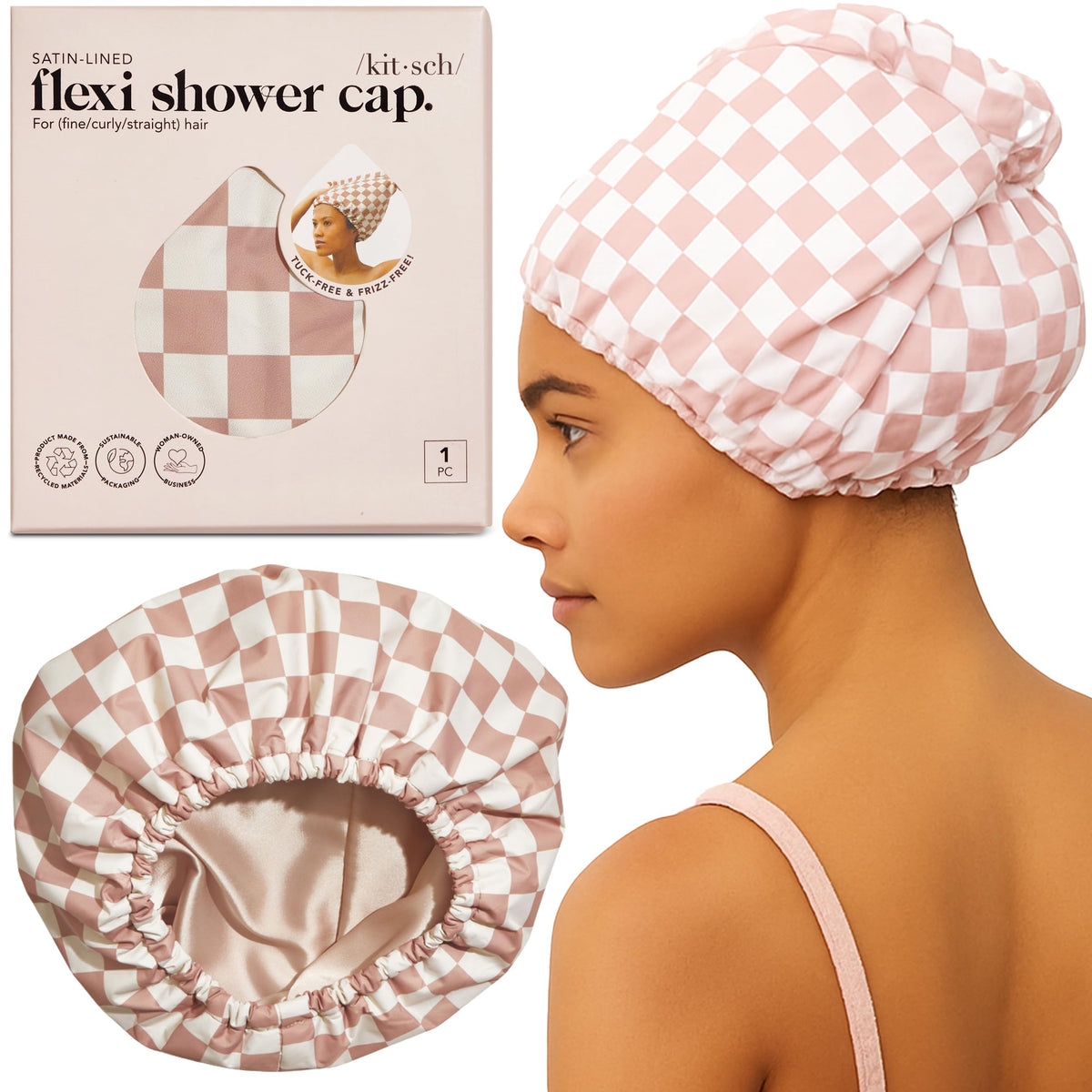 Kitsch Luxury Satin-Lined Flexi Shower Cap for Women - Gingham Blue