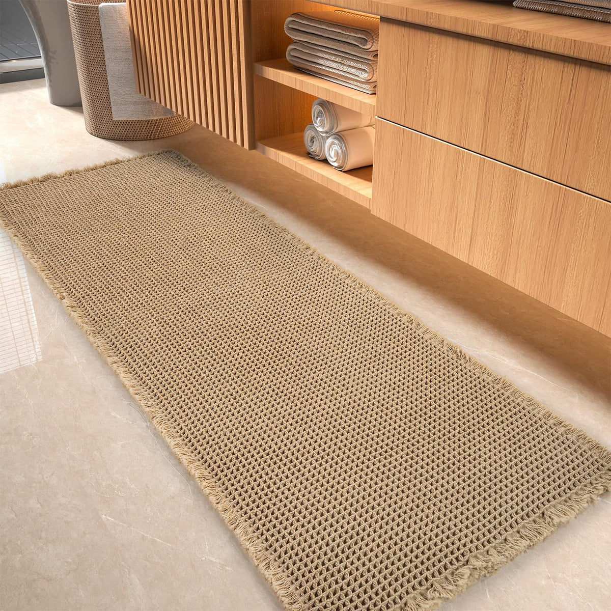 tchdio Waffle Bath Mat Rug, Super Absorbent Non Slip Bath Mats Ultra Soft Bathmat Machine Washable Bathroom Rugs with Tassels, Bath Rugs for Bathroom Floor Beside Tub, 17" x 24", Brown