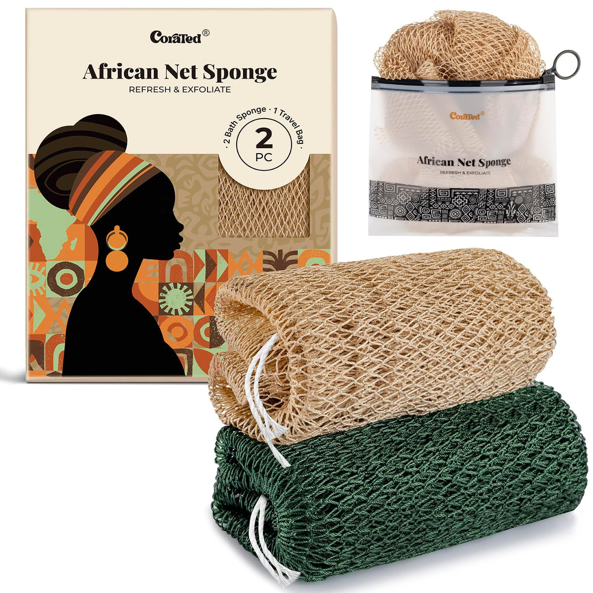 CORATED African Net Sponge Authentic, Shower Loofah Exfoliating Bath Sponge