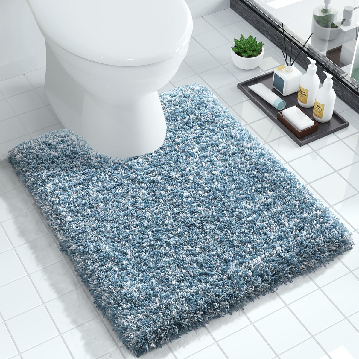 Yimobra Bathroom Rugs Non Slip Washable 32X20, Ultra Soft and Water Absorbent Bath Mats, Plush Fluffy Shower Mat Outside, Microfiber Thick Matts for Bathroom Floor/Tub, Light Gray and White