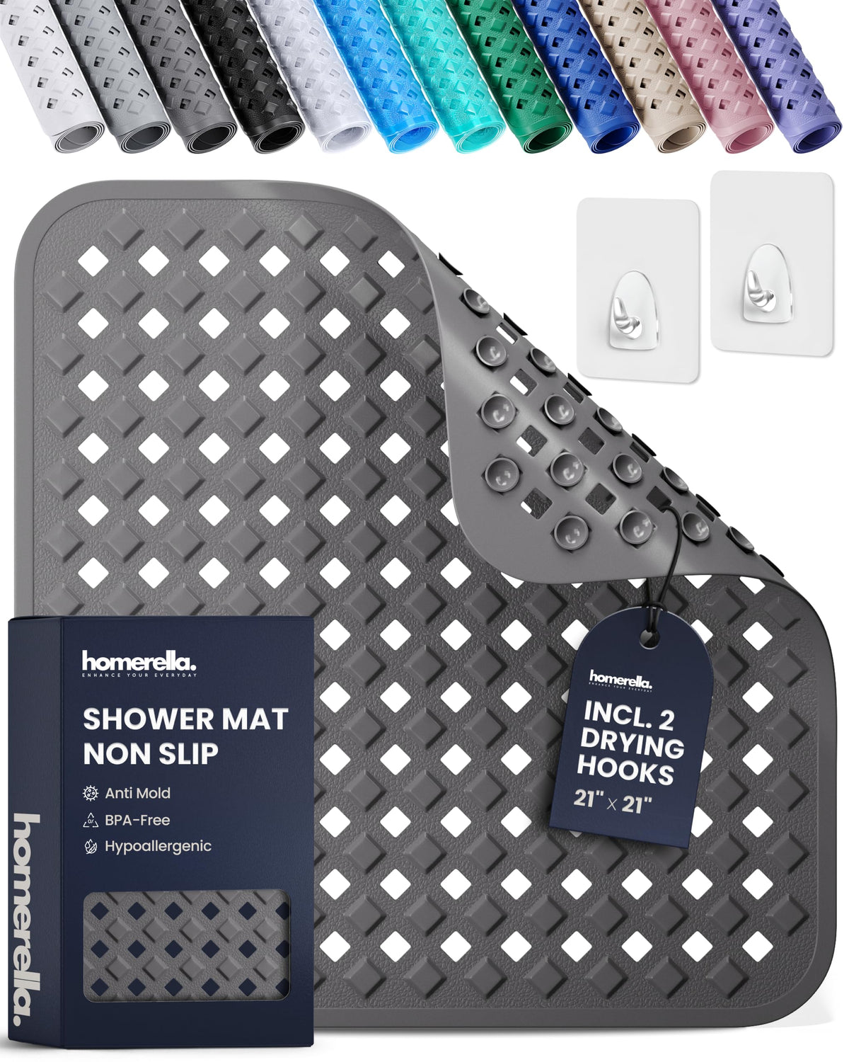 homerella Square Shower Mat Non Slip Anti Mold 21x21 Anti Slip Shower Mat