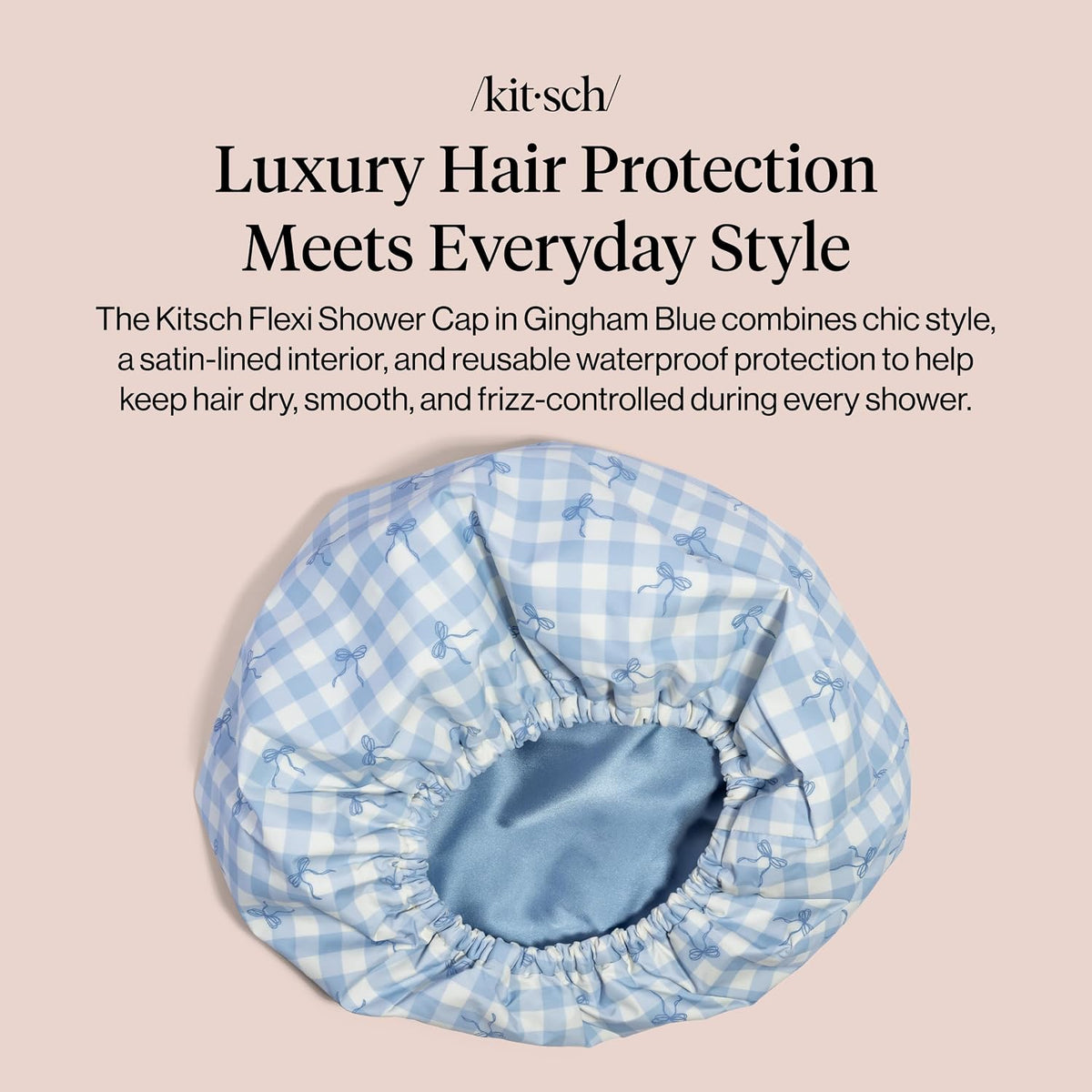 Kitsch Luxury Satin-Lined Flexi Shower Cap for Women - Gingham Blue
