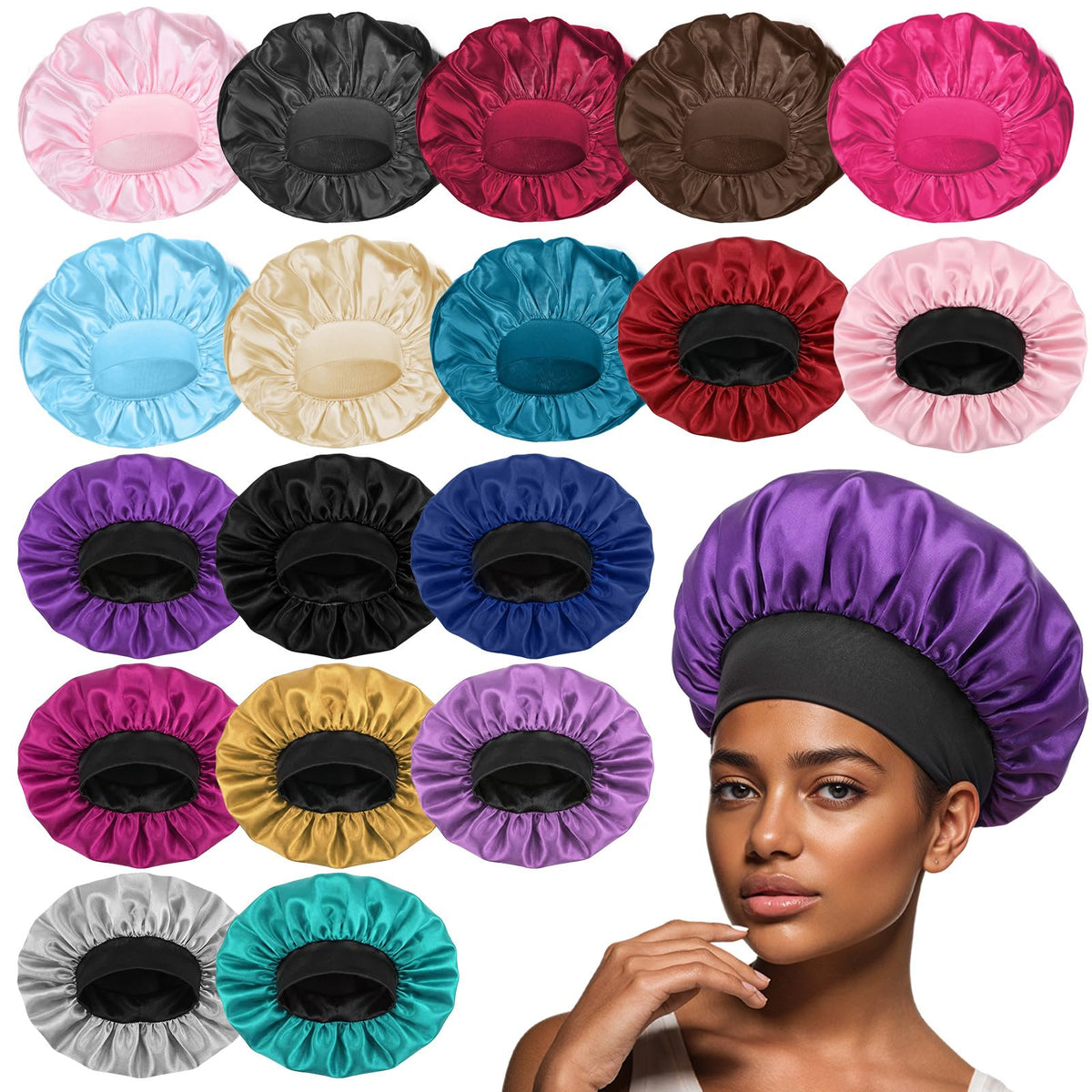 WLLHYF 18 Pcs Satin Bonnets for Sleeping, Large Silk Bonnet Wide Band Hair Bonnet Soft Elastic Hair Wrap Cap Silky Shower Cap for Black Women Men Curly Hair