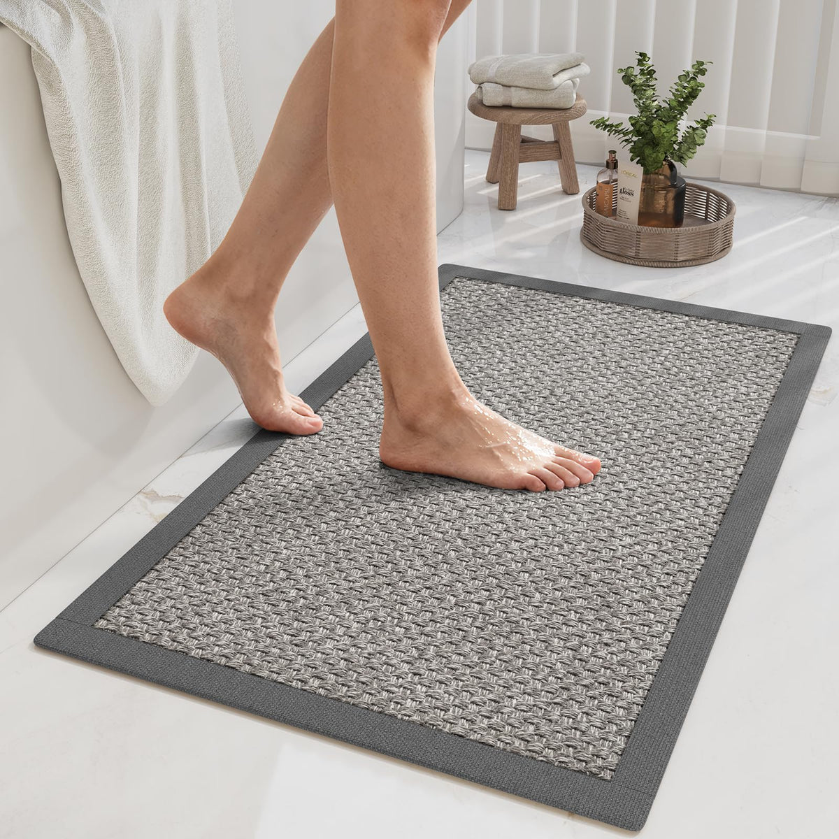 YDKGL Non Slip Bath Mat Thin Bathroom Rugs Fit Under Door Grey 16"x 24"