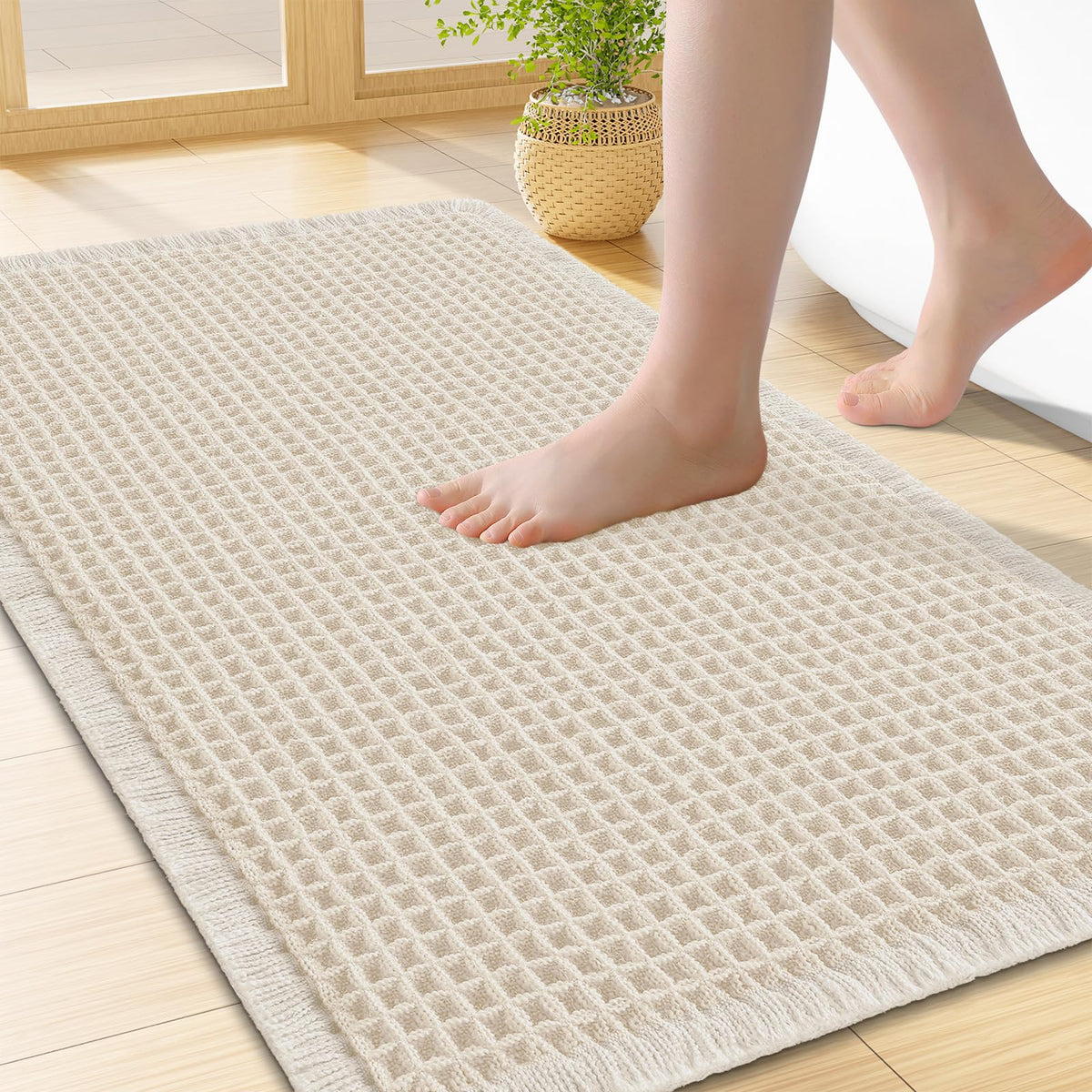 Smiry Waffle Bath Mat 24X16, Soft Absorbent Bathroom Rugs, Brown & Cream