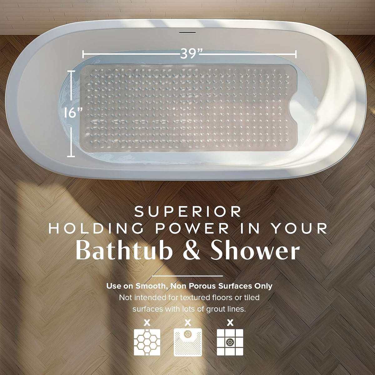 SlipX Solutions 39"x16" Power Grip Non Slip Bathtub Shower Mat, Tan