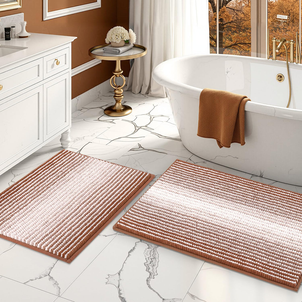 BSICPRO Bathroom Rugs Sets 2 Piece, Non Slip Striped Bath Mats, Fog Blue
