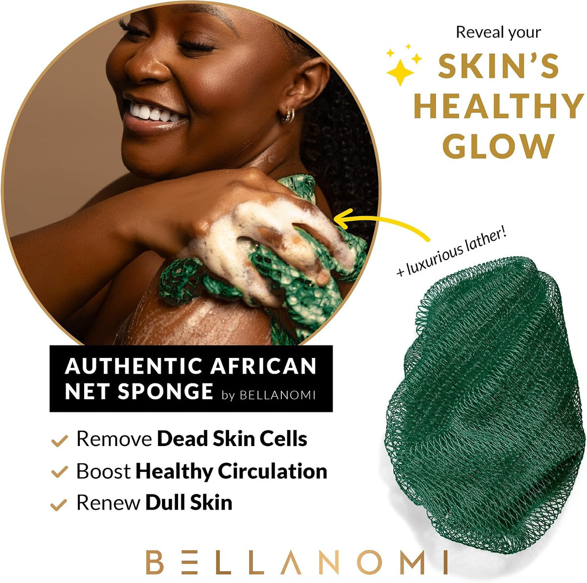 BELLANOMI African Exfoliating Net Sponge, Authentic, Ethically sourced from Nigeria, 45 inches Long, Back Scrubber for Daily use (Emerald Green)