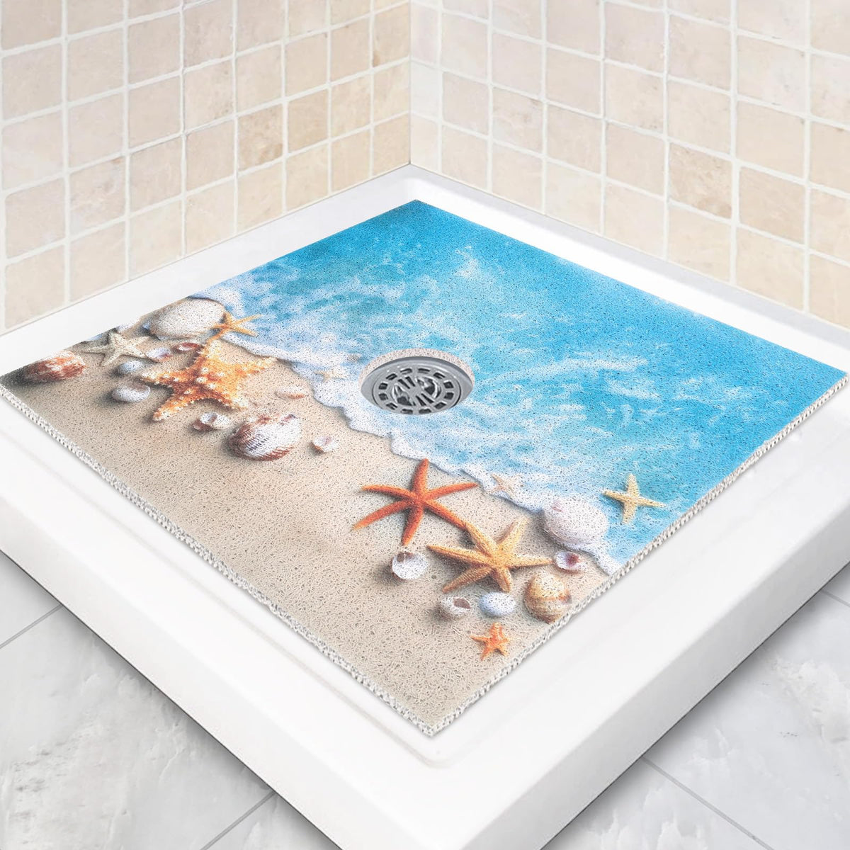 Square Shower Mat Non Slip: 24 x 24 Inch Shower Mats with Drain Hole in Middle - PVC Loofah Anti Slip Shower Floor Matt for Inside Shower