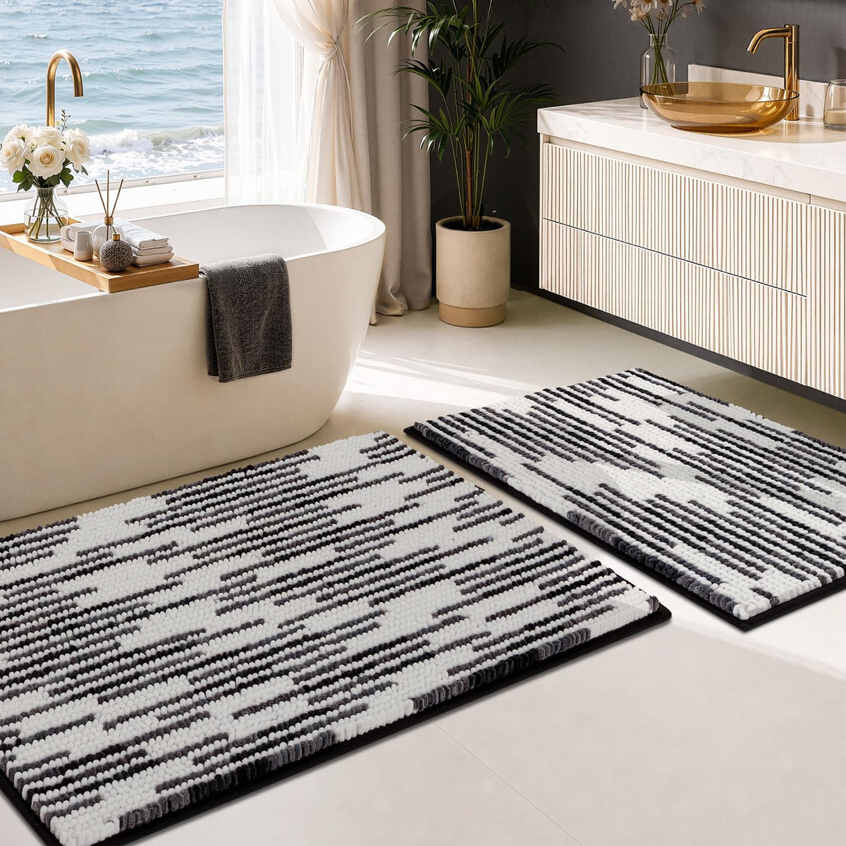 BSICPRO Bathroom Rugs Sets 2 Piece, Non Slip Striped Bath Mats, Fog Blue