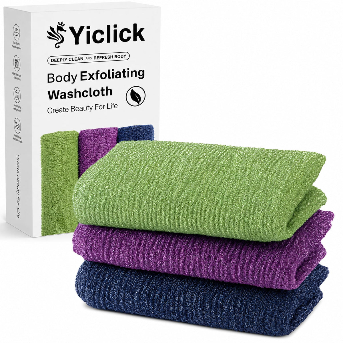 Yiclick 3 PCS Exfoliating Washcloth Towels - Exfoliating Body Scrubber Exfoliator, Back Scrubber for Shower Bath Use, Japanese & Korean Scrub Wash Cloths, Loofah Lufa Sponge Washer for Women Men
