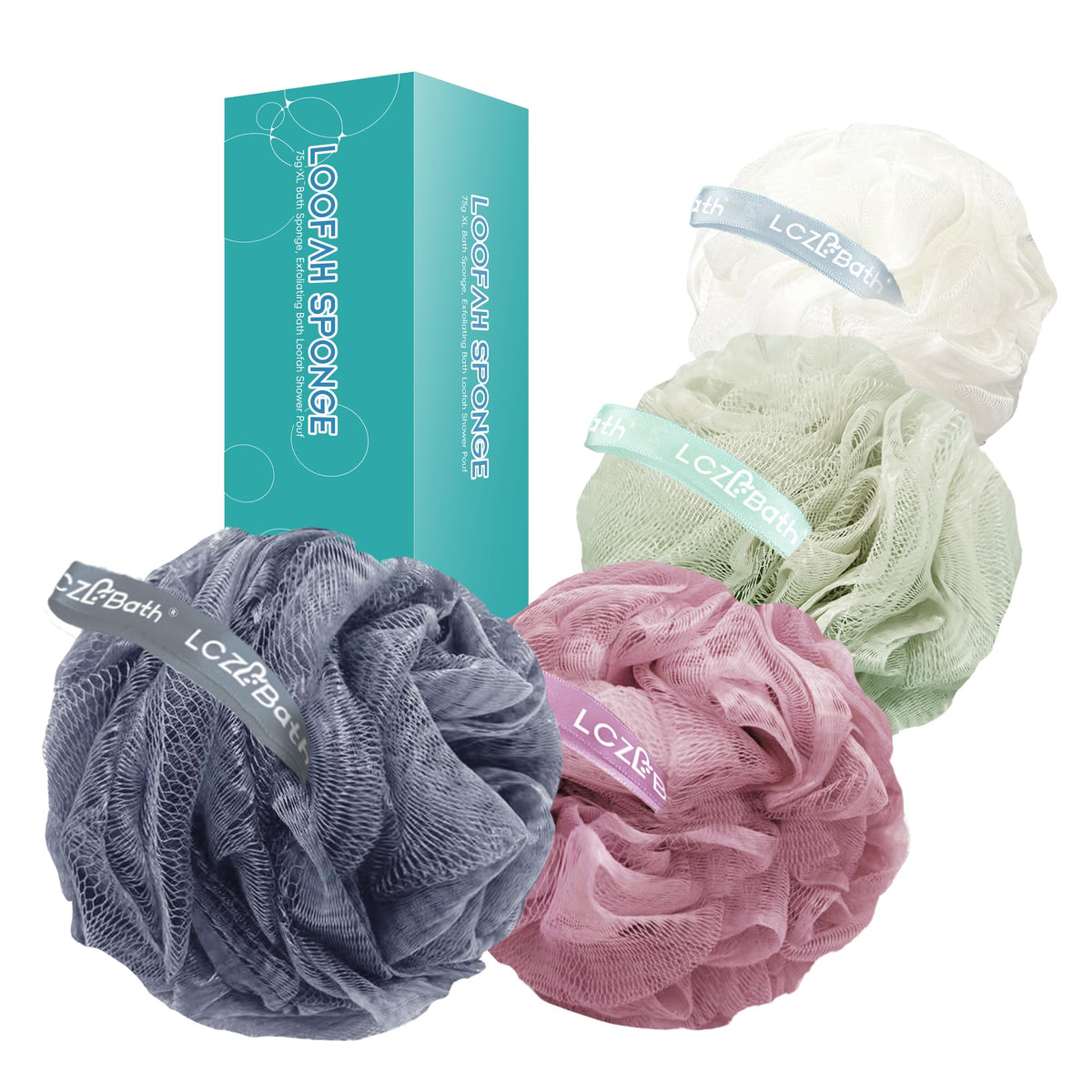 Loofah 4 Pack 75g Extra Large Loofa Set Soft Bath Sponge Thick Body Wash Puffs for Shower (Purple-Blue-Green-Mixed)