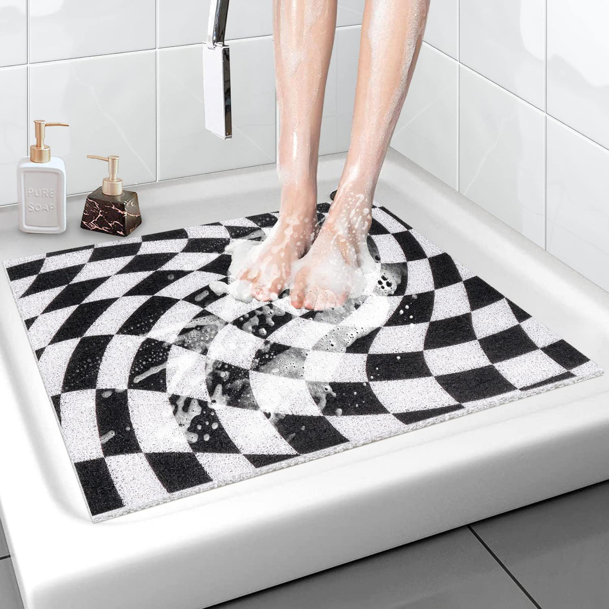 Shower Mat Non-Slip, Soft Comfort Bath Mat with Drainage Holes, PVC Loofah Massage Bathtub Mat for Shower, Tub, Bathroom, Wet Areas, Quick Drying