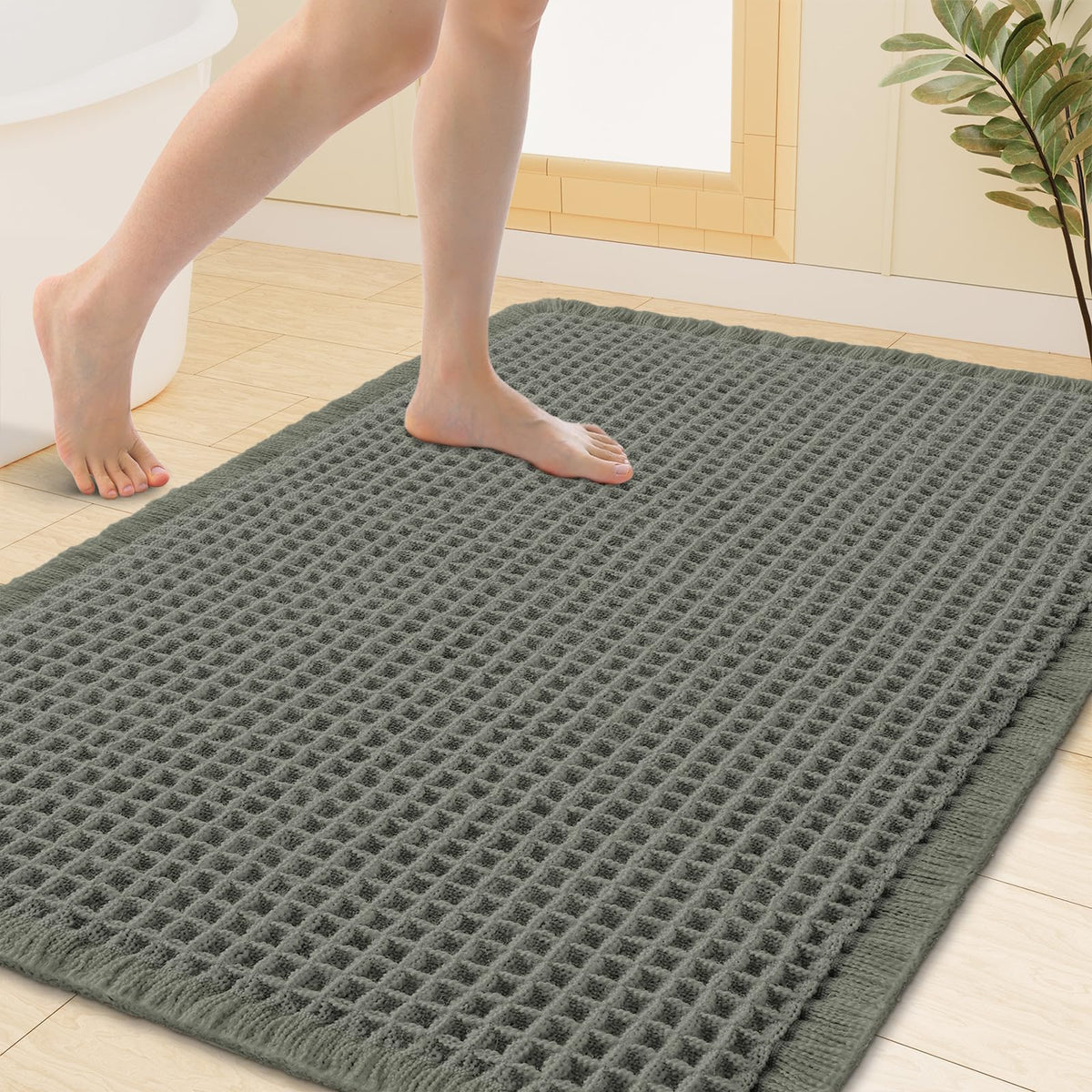 Smiry Waffle Bath Mat 24X16, Soft Absorbent Bathroom Rugs, Brown & Cream