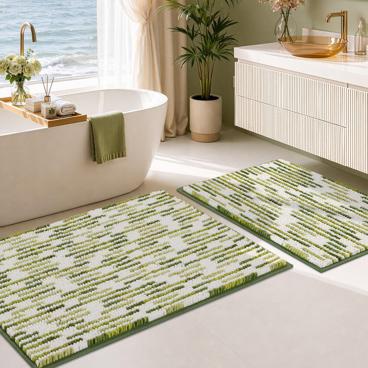 BSICPRO Bathroom Rugs Sets 2 Piece, Non Slip Striped Bath Mats, Fog Blue