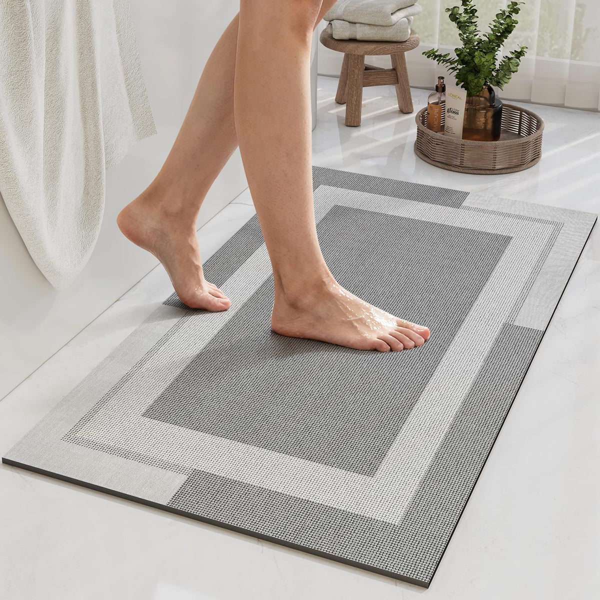 YDKGL Non Slip Bath Mat Thin Bathroom Rugs Fit Under Door Grey 16"x 24"
