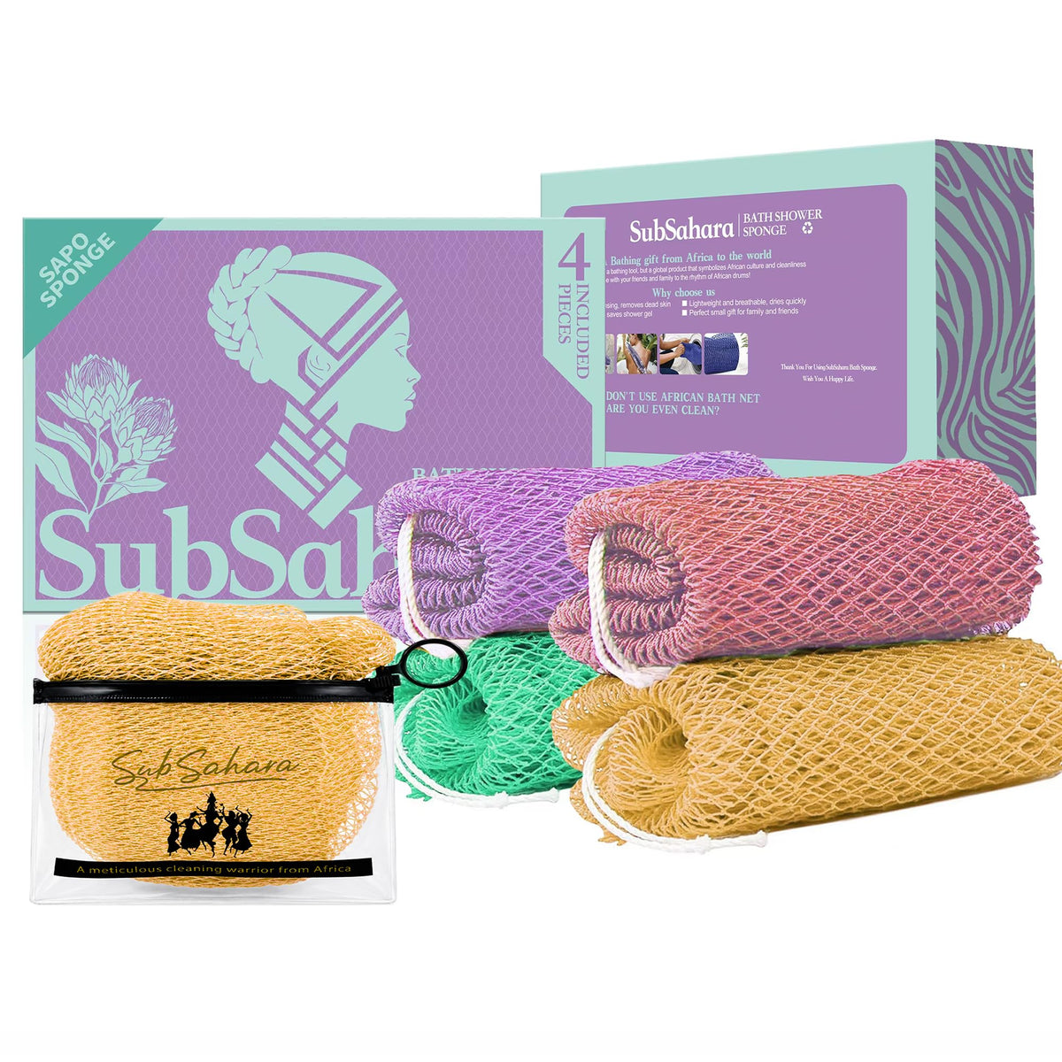 SubSahara African Net Sponge, 2 Pack 45-Inch Exfoliating Bath Scrubber