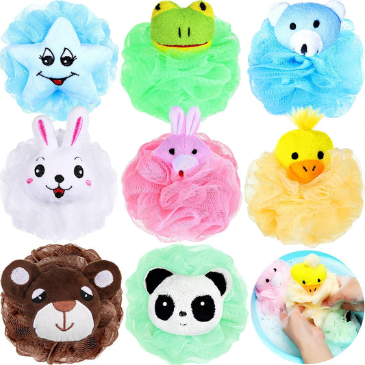 Boao 8 Pcs Kids Loofah Bath Sponge Cartoon Animal Mesh Body Soft Scrubbers