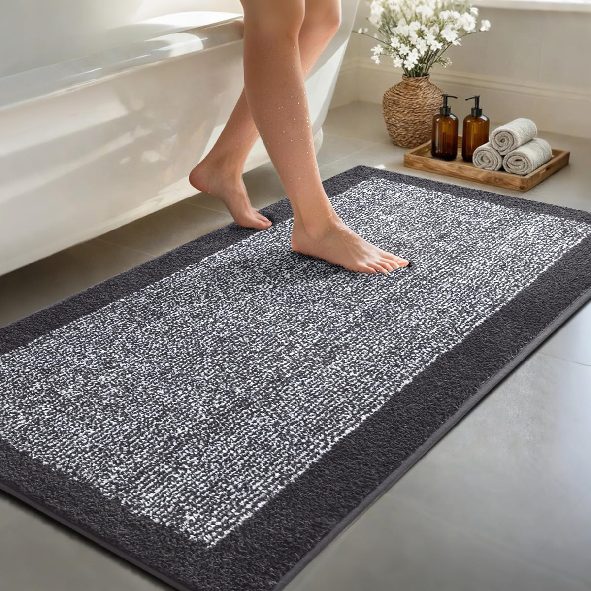 Long 2x4 Ft (48''x24'') Bathroom Rugs, Non Slip Washable Bath Mat Grey