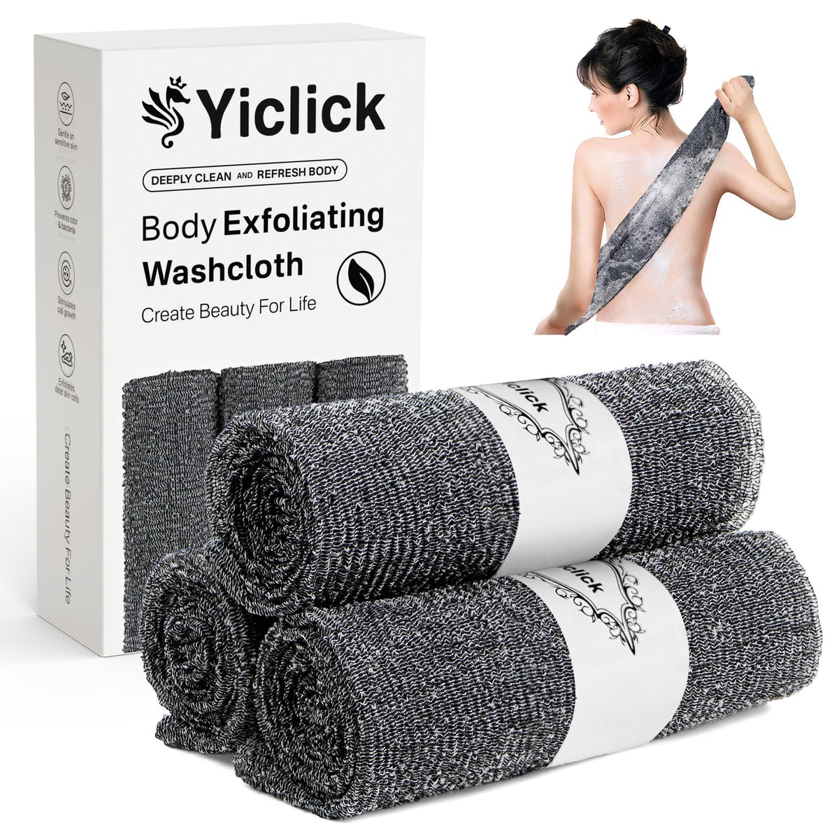 Yiclick Exfoliating Washcloth Towel, Japanese Exfoliating Wash Cloth, Korean Body Scrubber Exfoliator, Back Scrubber Washer for Shower Bath, Body Scrub African Net Sponge Loofah Luffa (Colors)