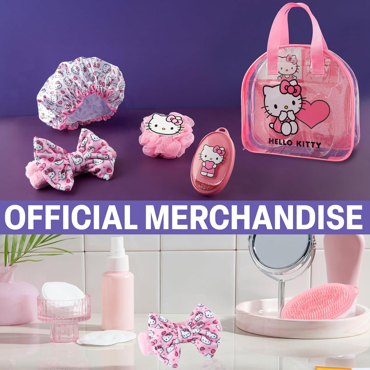 Hello Kitty Sanrio Shower Accessories Set, Kawaii Toiletry Bag with Shower Cap Headband Bath Sponge, Gifts for Girls, Teens, Women (Pink Hello Kitty)