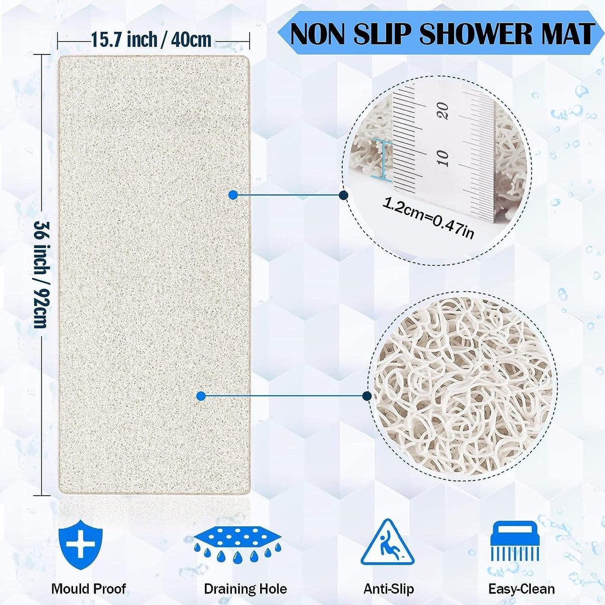 godehone Shower Mats Non Slip Without Suction Cups, PVC Loofah Bathroom Mats, Loofah Mats for Shower and Bathroom, Quick Drying, 15.7× 36 Inch, Beige