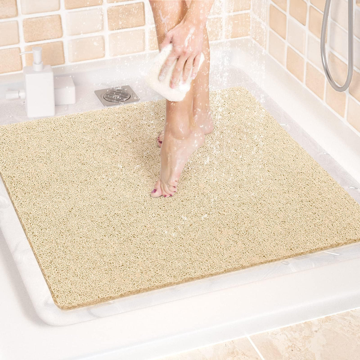 LuxStep Shower Mat Bathtub Mat,24x16 inch, Non-Slip Bath Mat with Drain, Quick Drying PVC Loofah Bathmat for Tub,Shower,Bathroom (Phthalate Free,Grey)
