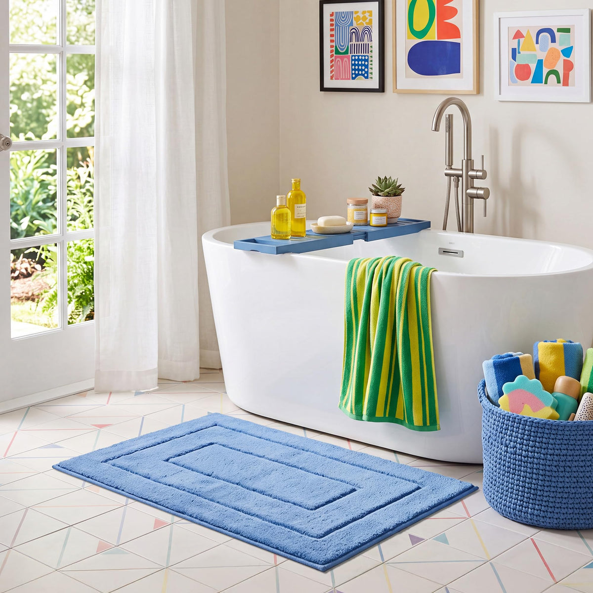GRANNY SAYS Blue Bathroom Rug 16" x 24", Non-Slip Microfiber Bath Mat