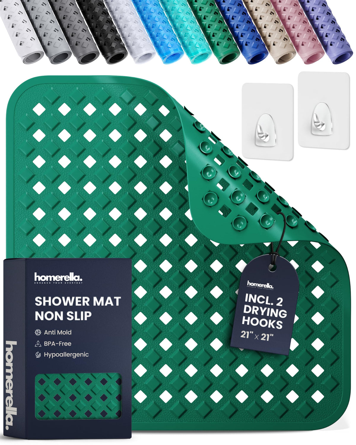 homerella Square Shower Mat Non Slip Anti Mold 21x21 Anti Slip Shower Mat
