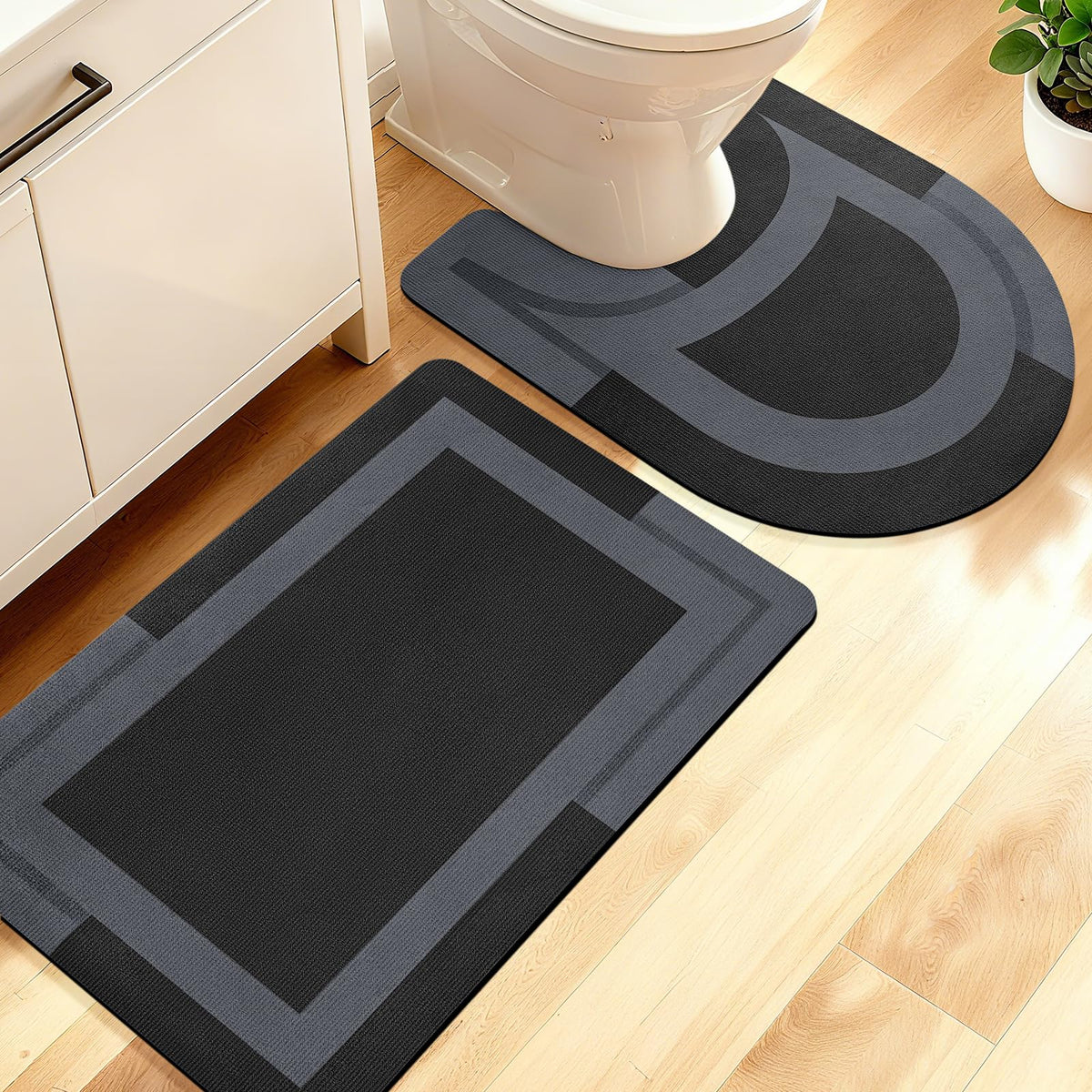 ACCUMTEK Non Slip Bath Mat, Thin Bathroom Rugs Fit Under Door, Quick Dry Bath Mats, Machine Washable Bath Rugs for Bathroom, Bathtub & Kitchen, Grey/Bordered/24 x17