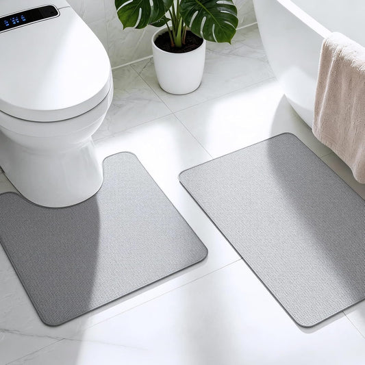 Bathroom Rugs Sets 2 Piece, Thin Bath Mat & U-Shaped Contour Toilet Rug Absorbent Quick Dry, Machine Washable, Non Slip Low Pile Bath Mats for Bathroom/Tub/Sink/Shower (27"x17" Plus 24"x20" U, Grey)