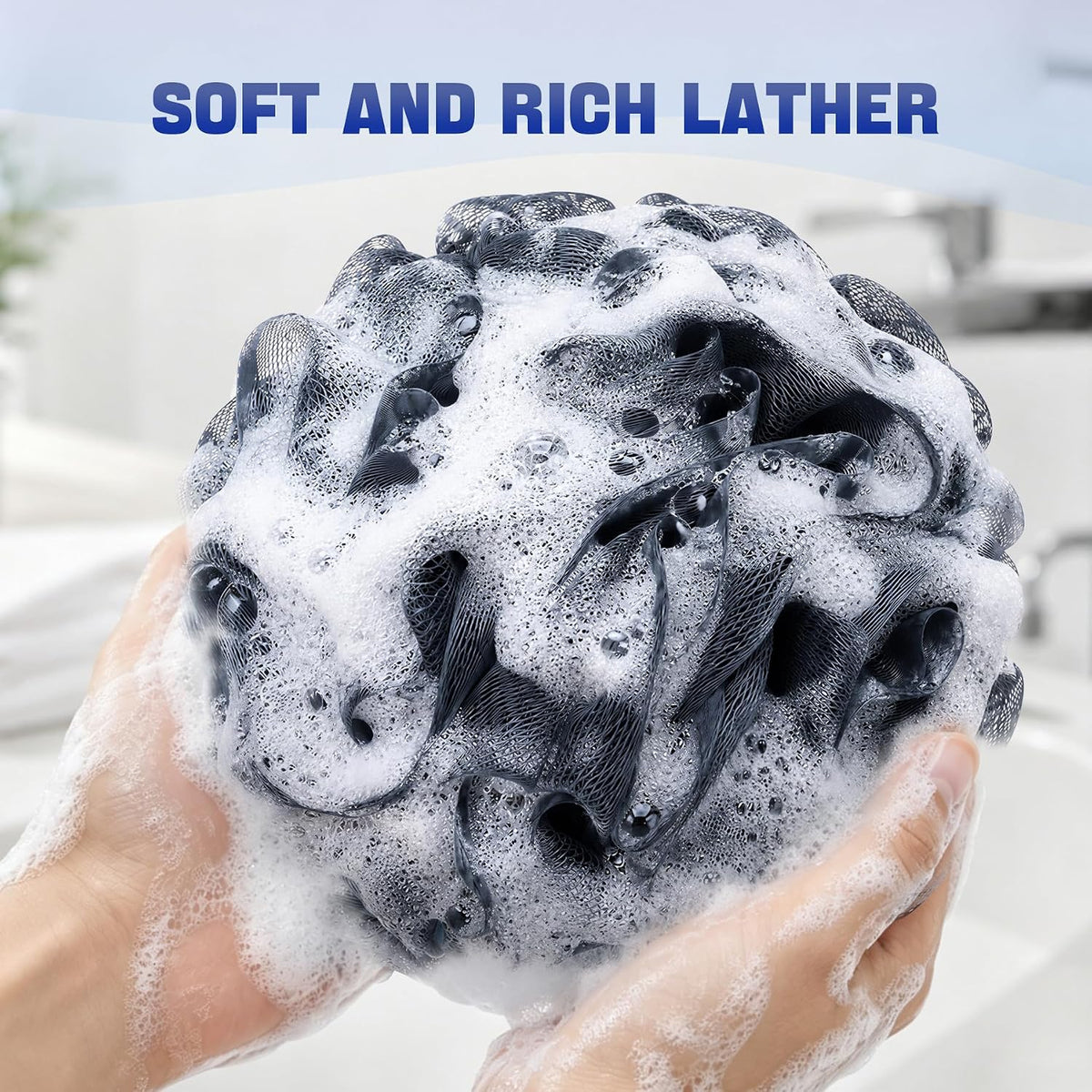 AmazerBath Loofah Sponge 75g/Piece, Exfoliating Bath Sponge Body Scrubber - Loofa Set of 4 Grey Blue-Pink-Grey-White (Large)