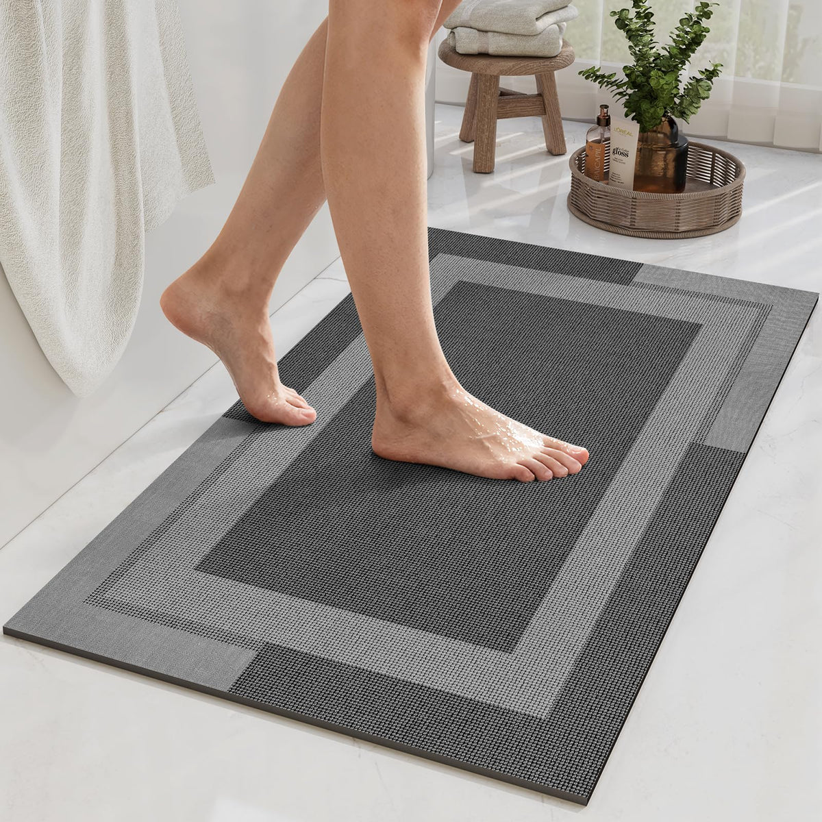 YDKGL Non Slip Bath Mat Thin Bathroom Rugs Fit Under Door Grey 16"x 24"