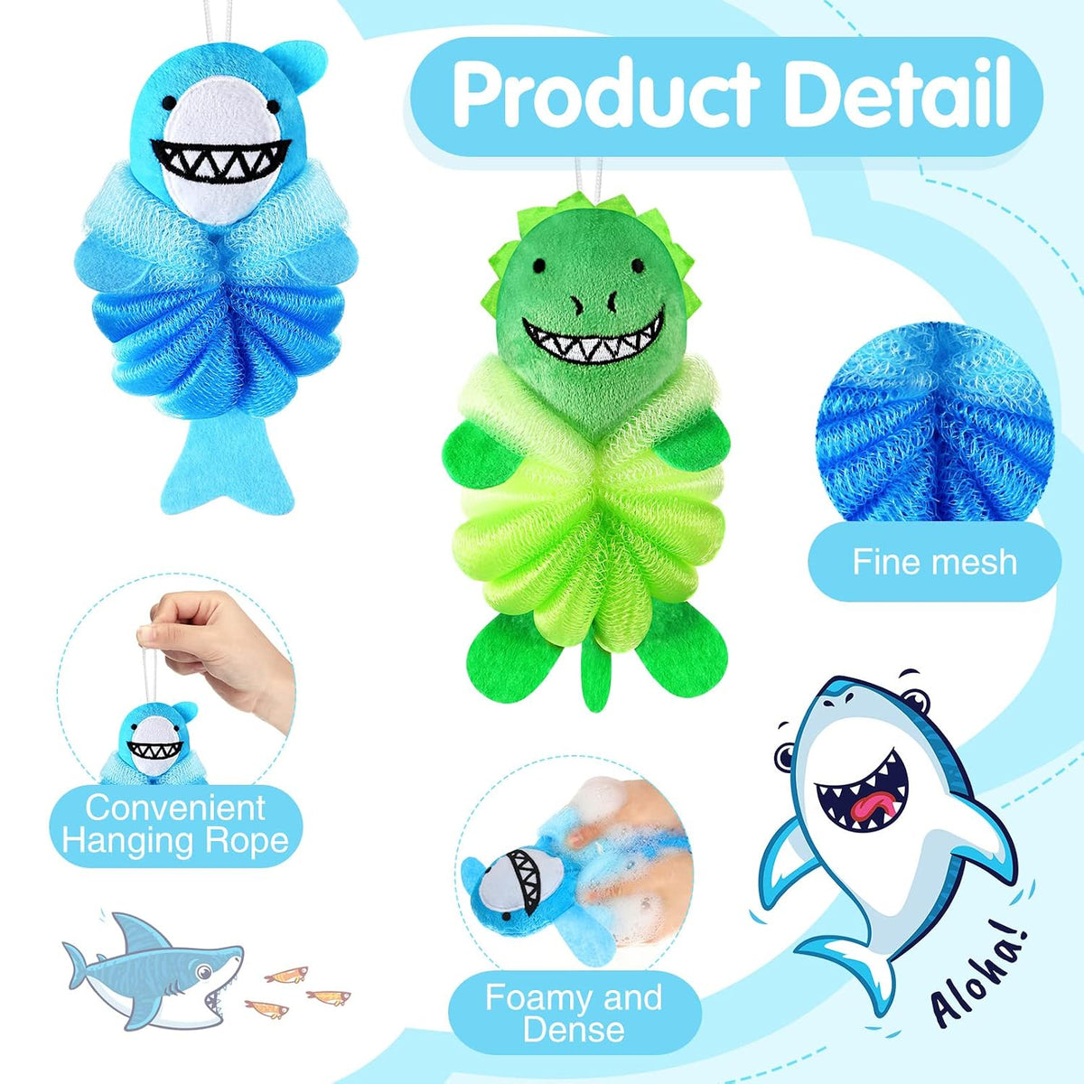 Nuenen 2 Pcs Kids Bath Loofahs, Shark, Monster