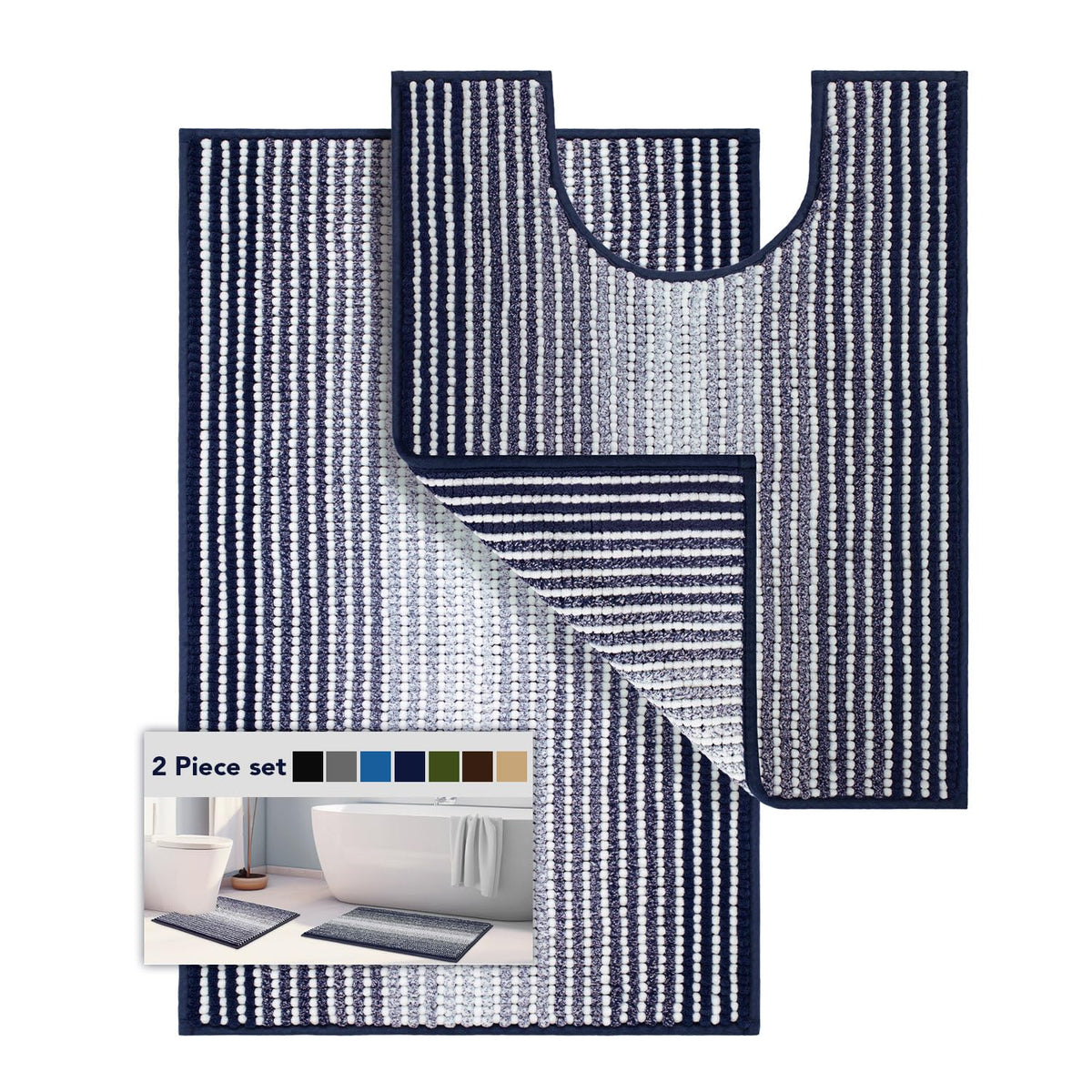 BSICPRO Bathroom Rugs Sets 2 Piece, Non Slip Striped Bath Mats, Fog Blue