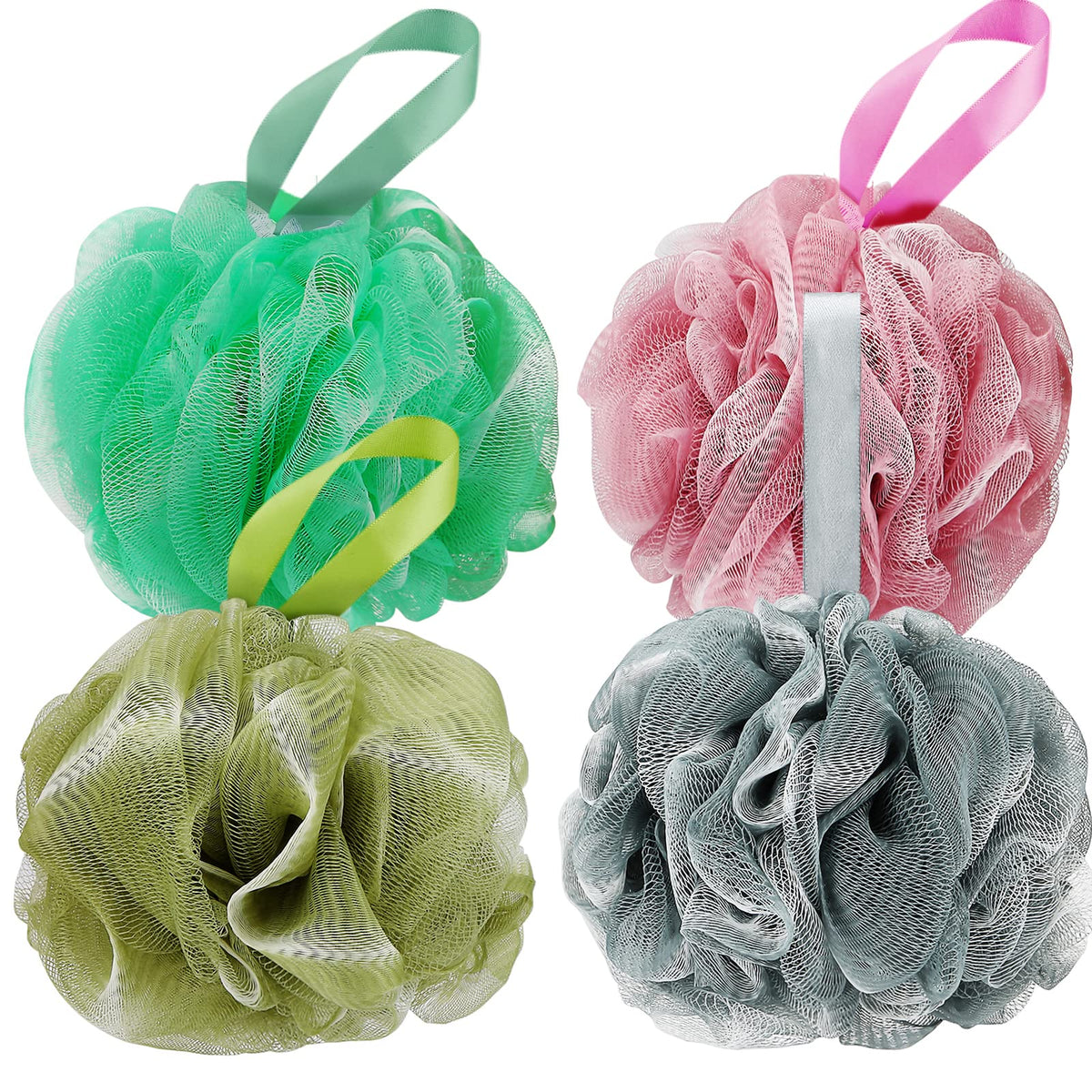 DadyMart Shower Loofah Sponge Pouf – XL Exfoliating Bath Puff Body Scrubber, Soft Mesh Shower Sponge with Reinforced Knot, Rich Lather, Set of 4 for Women and Men