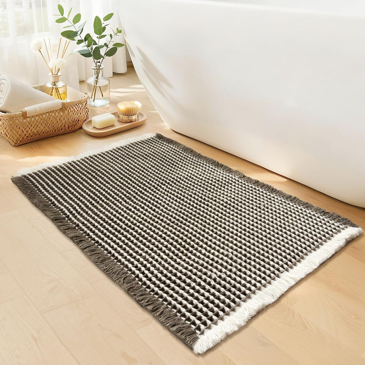 Waffle Bath Mat, Boho Bathroom Rugs Non Slip Washable, 18" x 30"