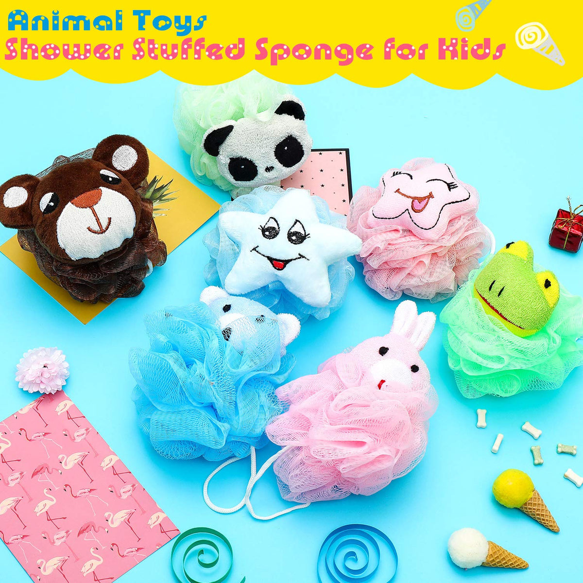 Boao 8 Pcs Kids Loofah Bath Sponge Cartoon Animal Mesh Body Soft Scrubbers
