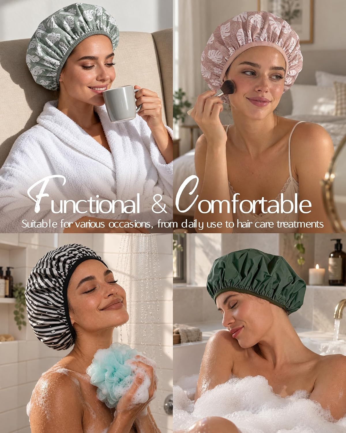 Yanibest Frizz Free Satin Lined Shower Cap with Soft Elastic Band