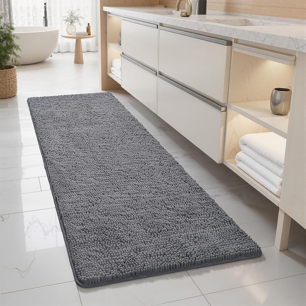 LOCHAS Luxury Bathroom Rug Shaggy Bath Mat 24 x 60 Inch, Gray