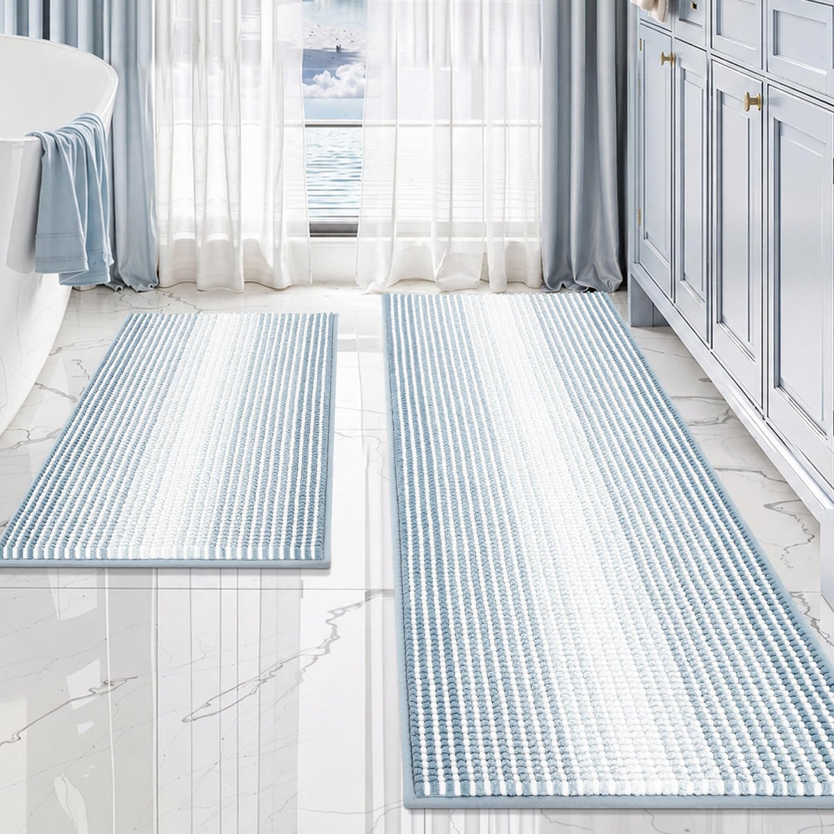 BSICPRO Bathroom Rugs Sets 2 Piece, Non Slip Striped Bath Mats, Fog Blue