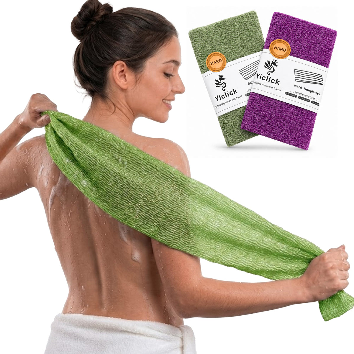 Yiclick Exfoliating Washcloth Towel, Back Scrubber for Shower for Women, Exfoliating Body Scrubber, Loofah Sponge Wash Cloth, Korean Japanese Exfoliating Shower Towel, Exfoliator Washer for Bath