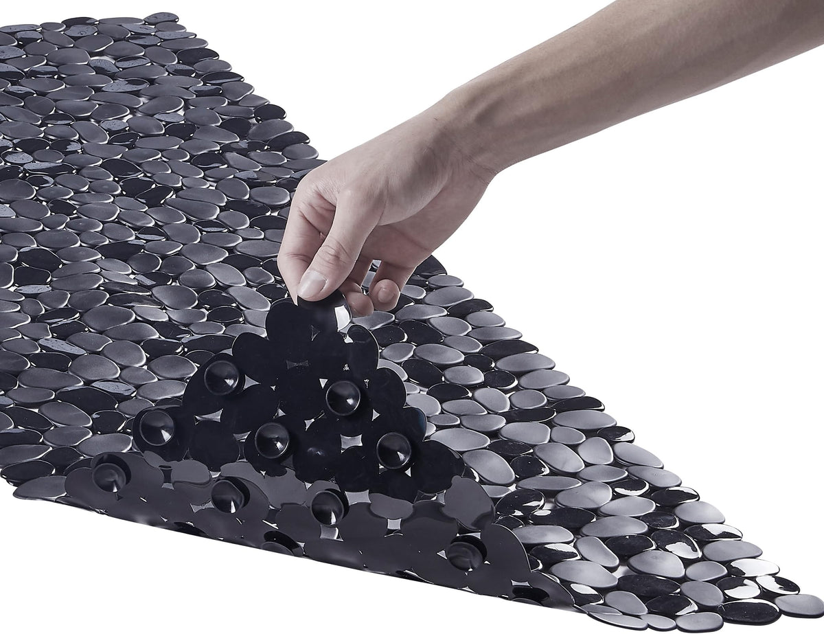 Webos Bath Shower Mat Non Slip: Extra Large Pebble Bathtub mat for Families, Anti Slip Shower Matt with Drain Holes Suction Cups Tub Mat - 16 X 40 Inch Black
