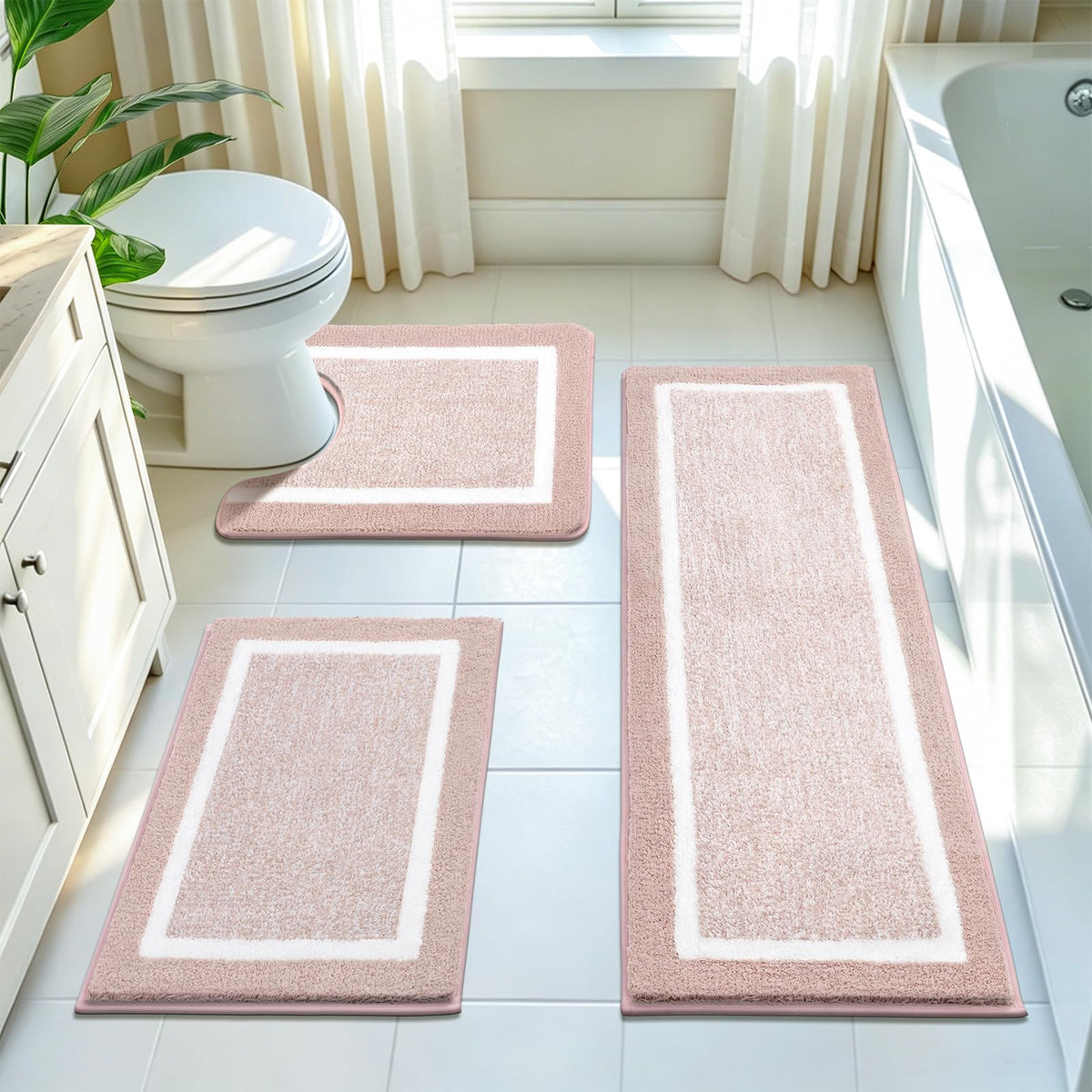 Pauwer Bathroom Rugs 3 Piece Set, Non Slip Washable Bath Mat, Dark Grey